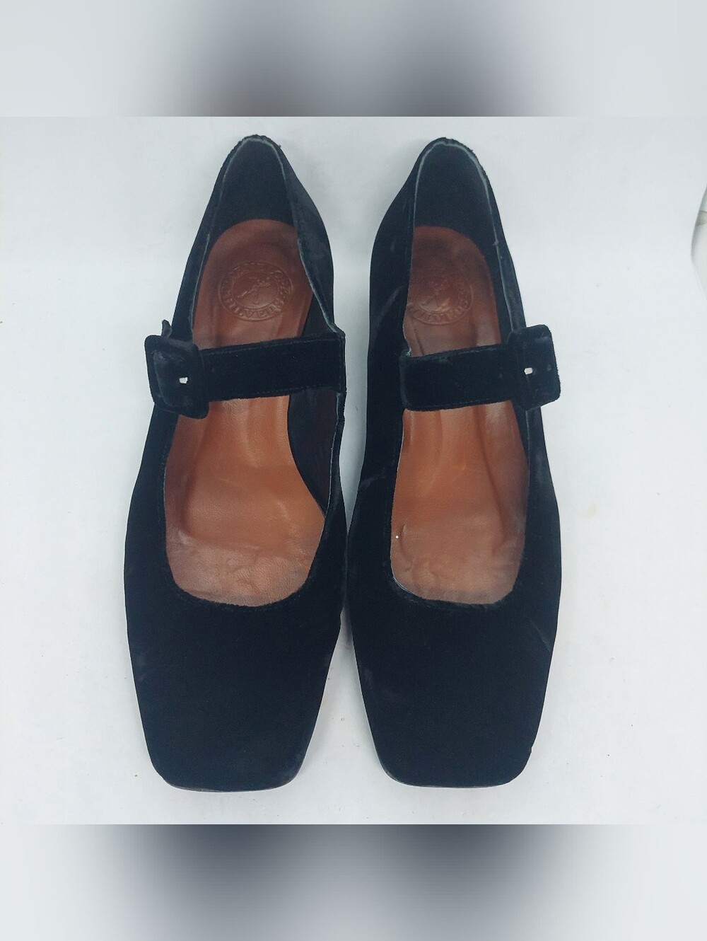 Penelope Chilvers Mary Jane Black Velvet Block Heel Flats Womens Size 39 US 8